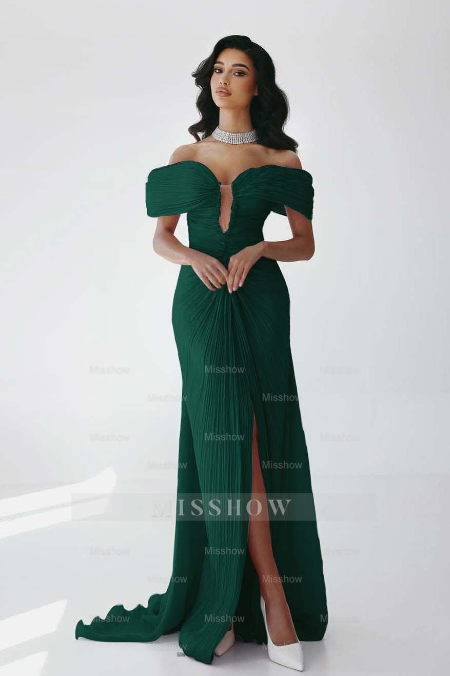 Off the Shoulder Sleeveless Long Mermaid Formal Dress With Ruffles Pleated