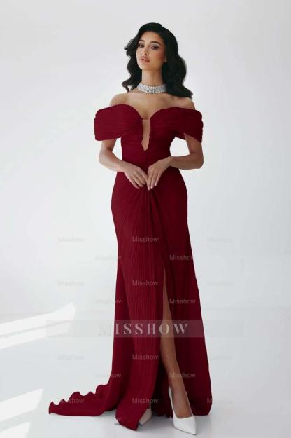 Off the Shoulder Sleeveless Long Mermaid Formal Dress With Ruffles Pleated