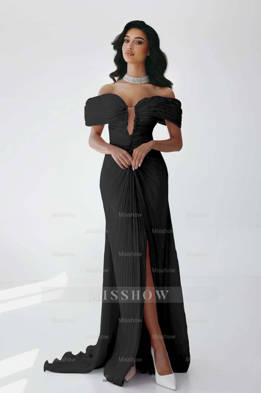 Off the Shoulder Sleeveless Long Mermaid Formal Dress With Ruffles Pleated