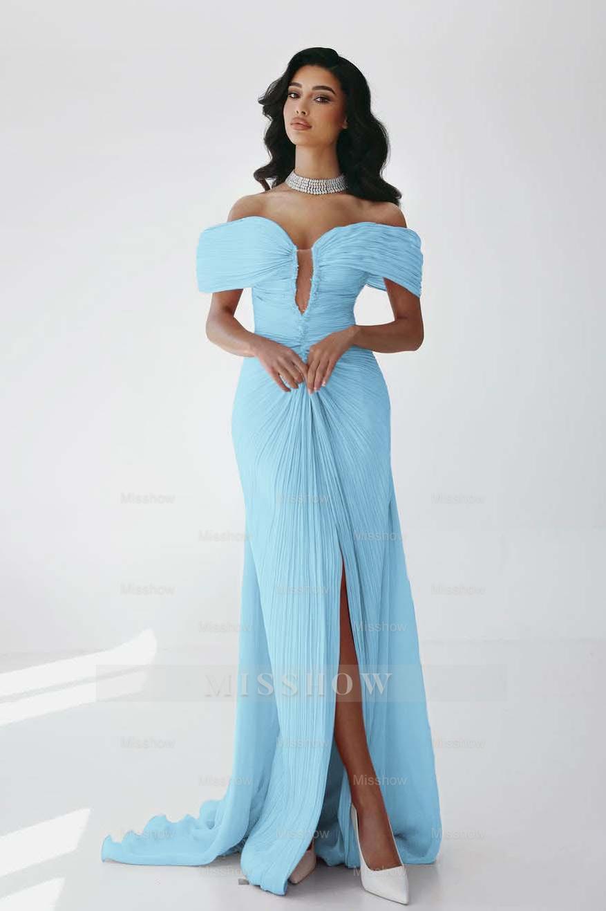 Off the Shoulder Sleeveless Long Mermaid Formal Dress With Ruffles Pleated