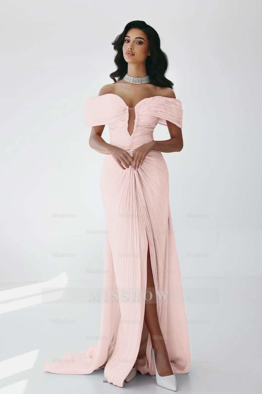 Off the Shoulder Sleeveless Long Mermaid Formal Dress With Ruffles Pleated