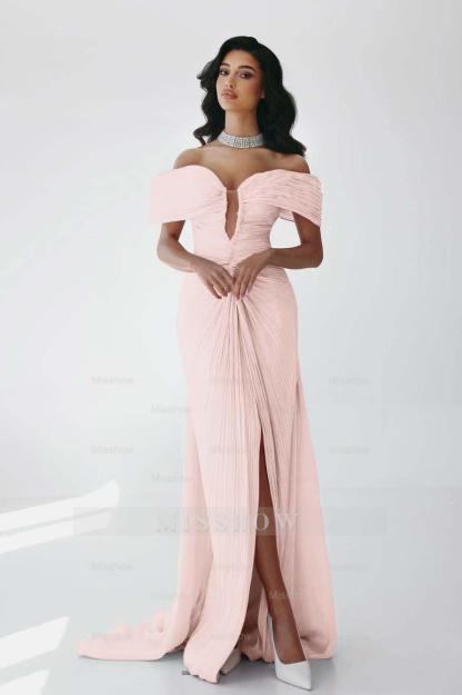 Off the Shoulder Sleeveless Long Mermaid Formal Dress With Ruffles Pleated