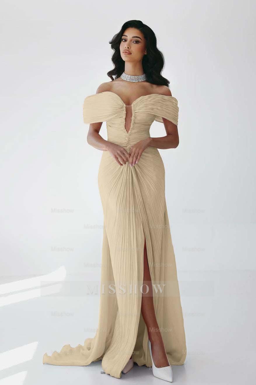 Off the Shoulder Sleeveless Long Mermaid Formal Dress With Ruffles Pleated