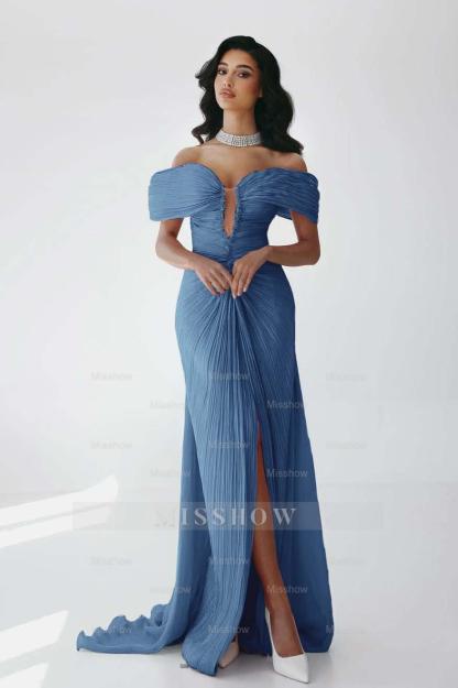 Off the Shoulder Sleeveless Long Mermaid Formal Dress With Ruffles Pleated