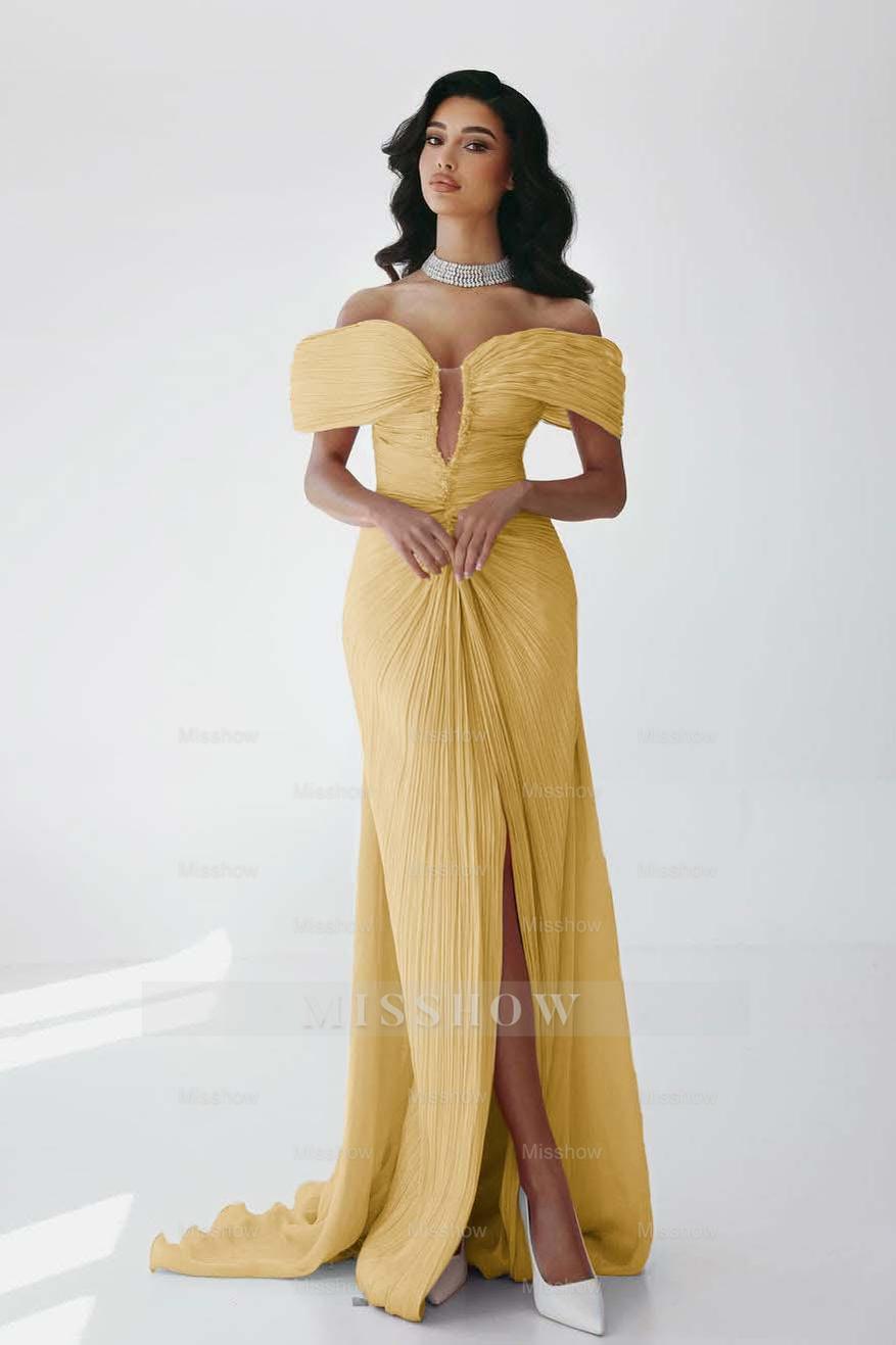 Off the Shoulder Sleeveless Long Mermaid Formal Dress With Ruffles Pleated