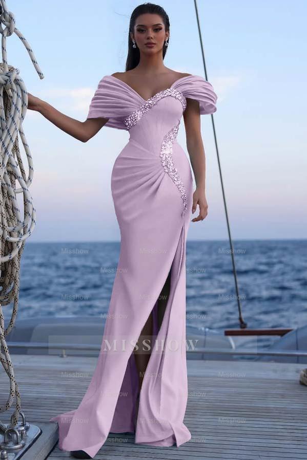 Off the Shoulder Sleeveless Long Mermaid Formal Dress With Sequins