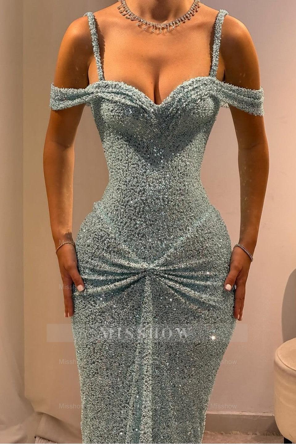 Off the Shoulder Sleeveless Long Mermaid Formal Dress With Sequins