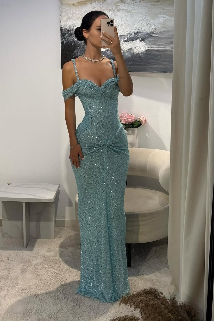 Off the Shoulder Sleeveless Long Mermaid Formal Dress With Sequins