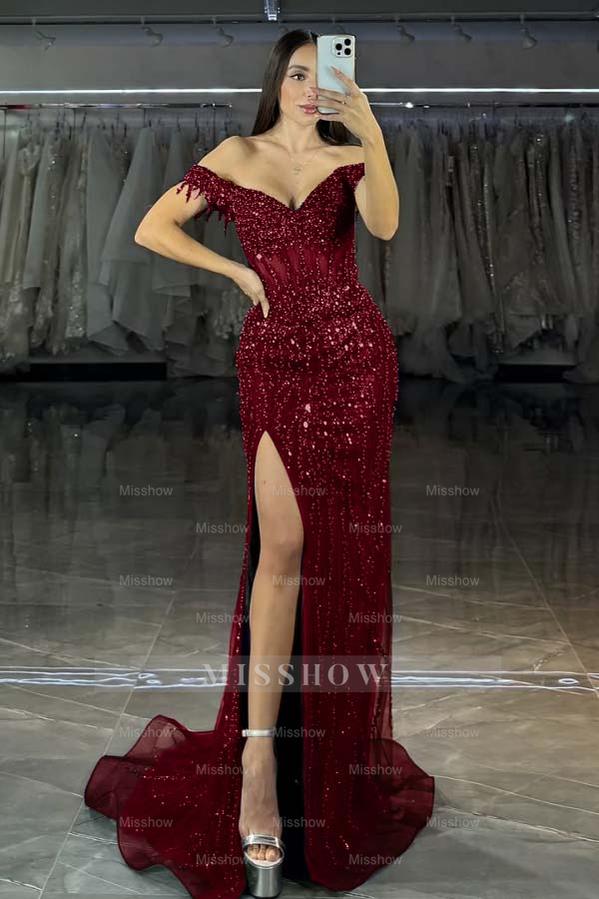 Off the Shoulder Sleeveless Long Mermaid Formal Dress With Split
