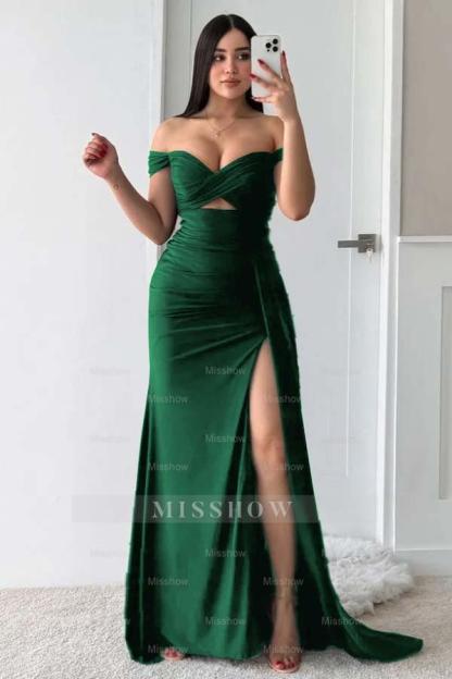 Off the Shoulder Sleeveless Long Split Formal Dress With Pleated