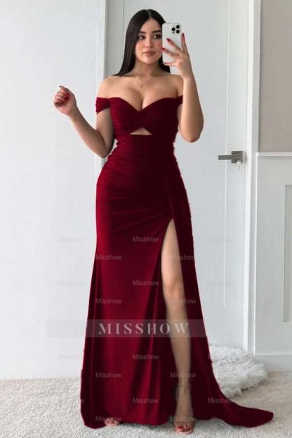 Off the Shoulder Sleeveless Long Split Formal Dress With Pleated