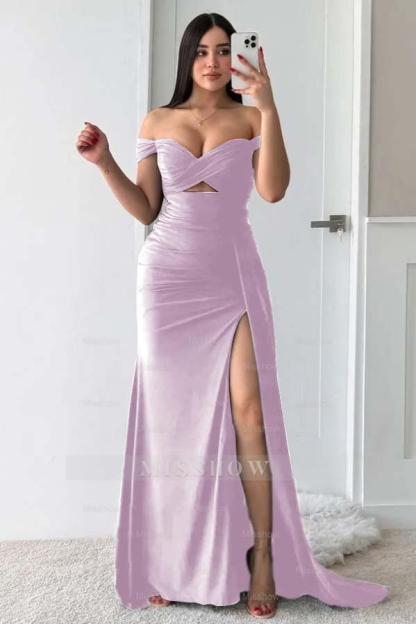 Off the Shoulder Sleeveless Long Split Formal Dress With Pleated