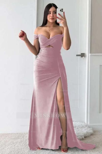 Off the Shoulder Sleeveless Long Split Formal Dress With Pleated