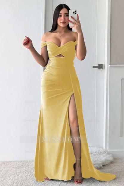 Off the Shoulder Sleeveless Long Split Formal Dress With Pleated
