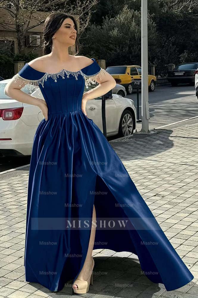 Off the Shoulder Sleeveless Long Split Formal Dress With Pleated Beading