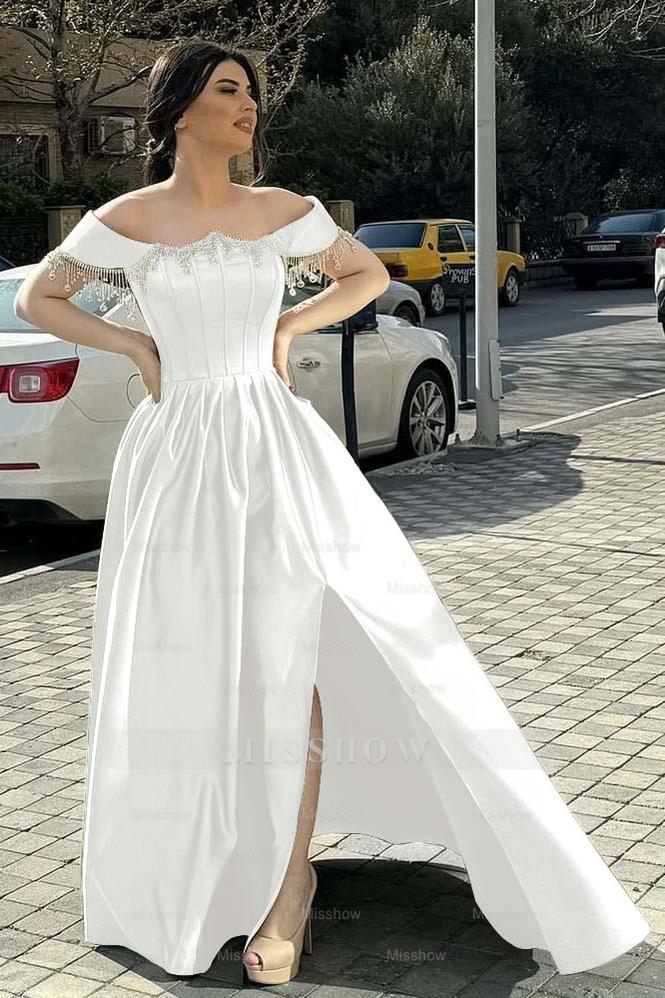 Off the Shoulder Sleeveless Long Split Formal Dress With Pleated Beading