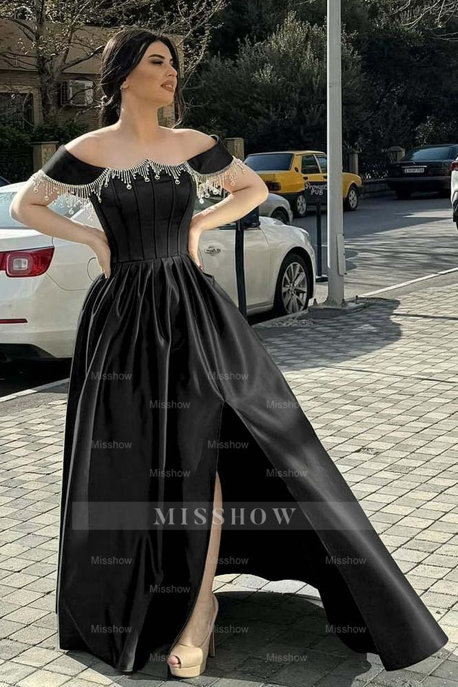 Off the Shoulder Sleeveless Long Split Formal Dress With Pleated Beading