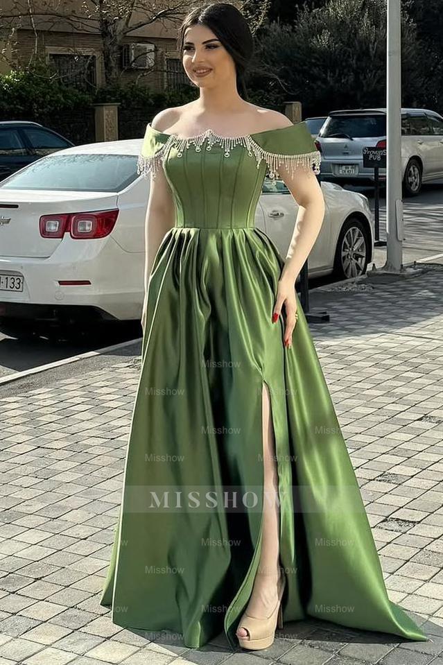 Off the Shoulder Sleeveless Long Split Formal Dress With Pleated Beading