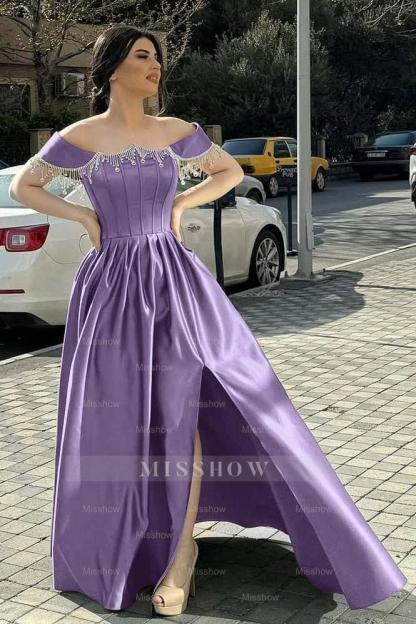 Off the Shoulder Sleeveless Long Split Formal Dress With Pleated Beading