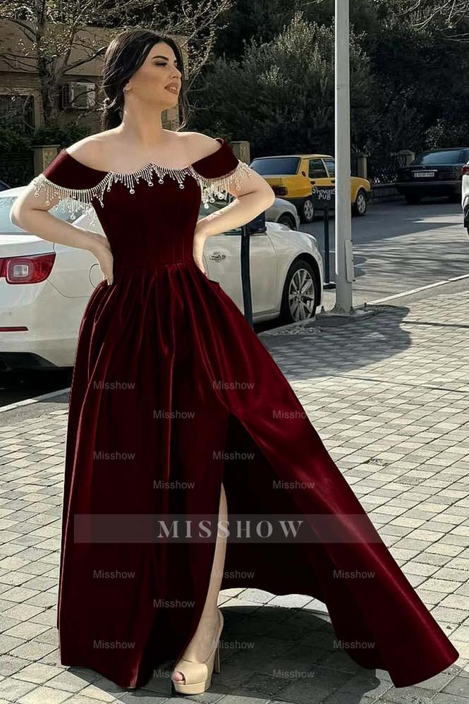 Off the Shoulder Sleeveless Long Split Formal Dress With Pleated Beading