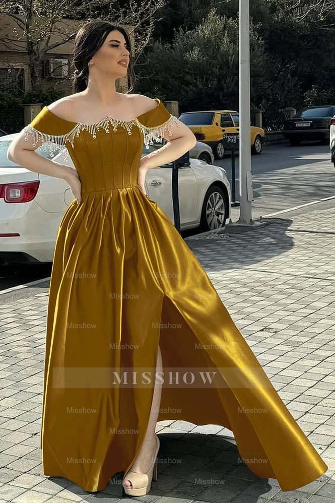 Off the Shoulder Sleeveless Long Split Formal Dress With Pleated Beading