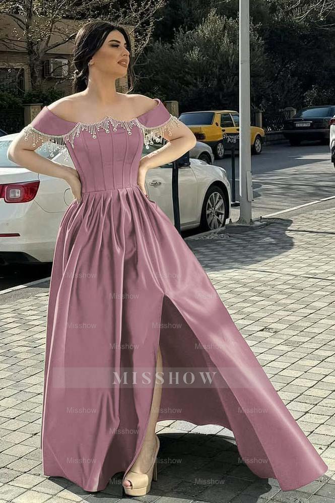 Off the Shoulder Sleeveless Long Split Formal Dress With Pleated Beading