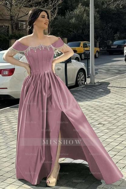 Off the Shoulder Sleeveless Long Split Formal Dress With Pleated Beading