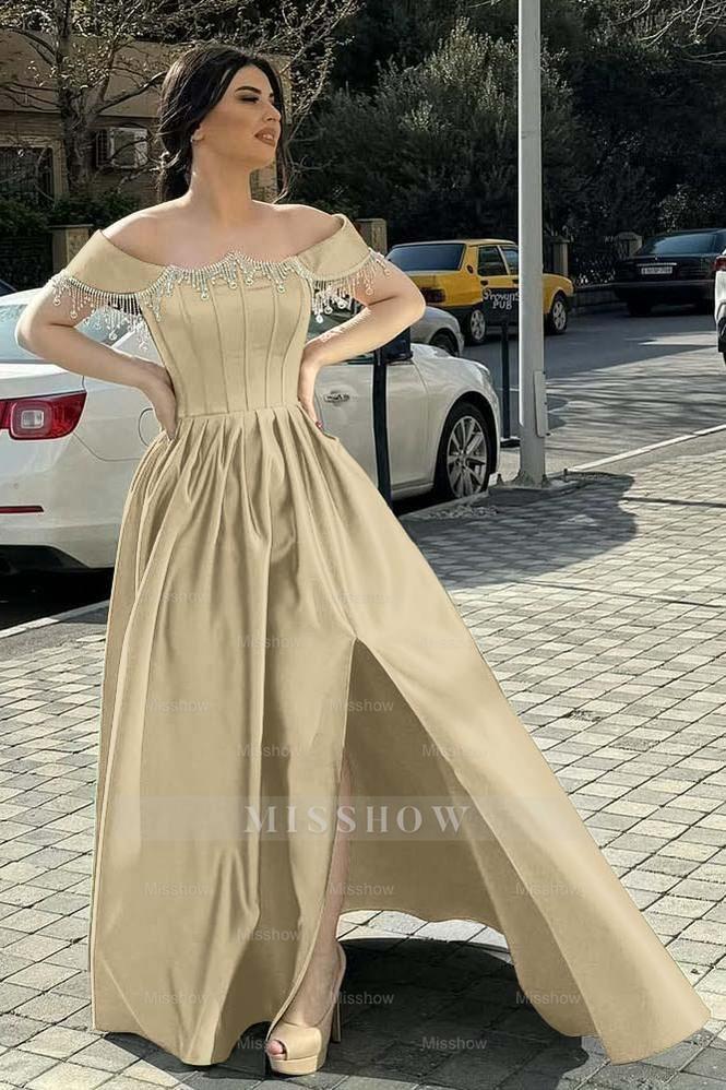 Off the Shoulder Sleeveless Long Split Formal Dress With Pleated Beading