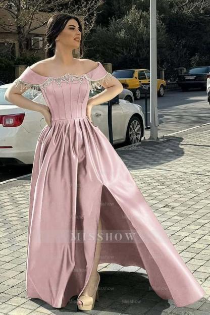 Off the Shoulder Sleeveless Long Split Formal Dress With Pleated Beading
