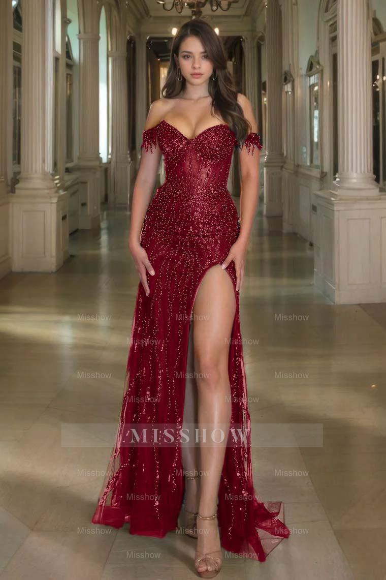 Off the Shoulder Sleeveless Long Split Formal Dress With Sequins