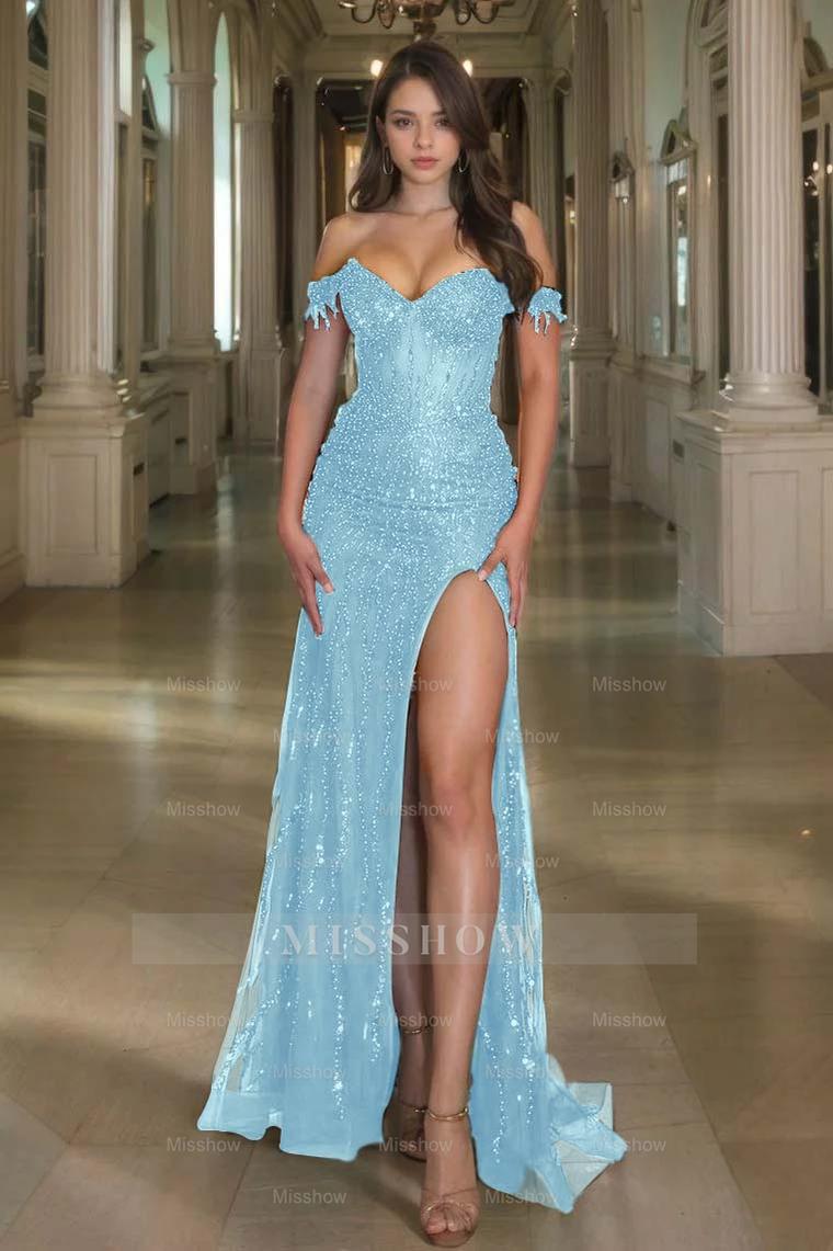 Off the Shoulder Sleeveless Long Split Formal Dress With Sequins