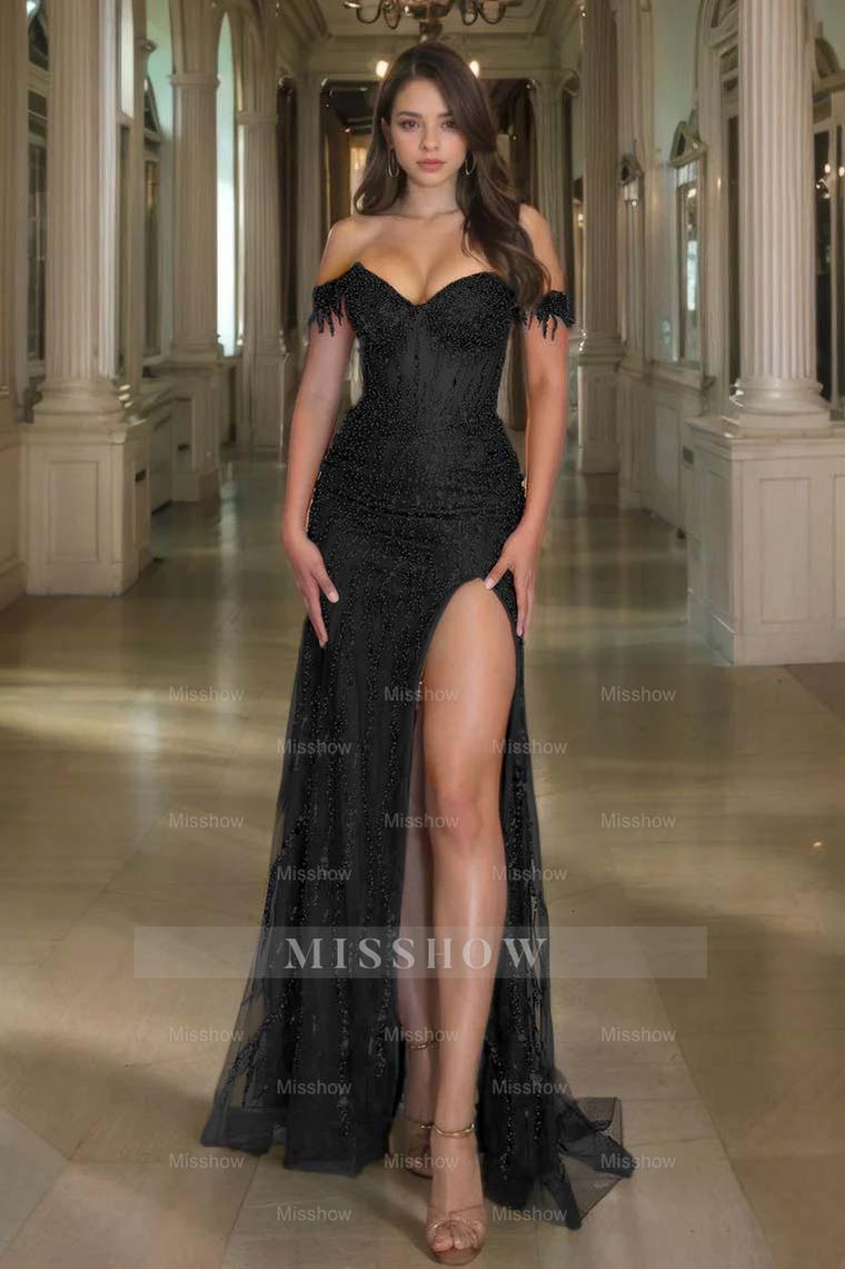 Off the Shoulder Sleeveless Long Split Formal Dress With Sequins
