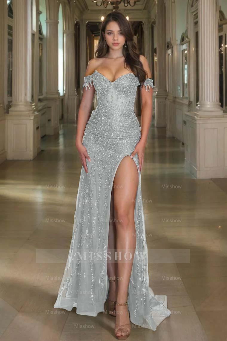 Off the Shoulder Sleeveless Long Split Formal Dress With Sequins