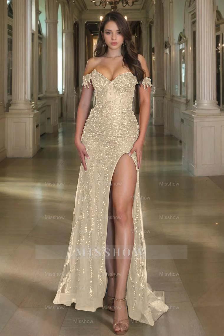 Off the Shoulder Sleeveless Long Split Formal Dress With Sequins
