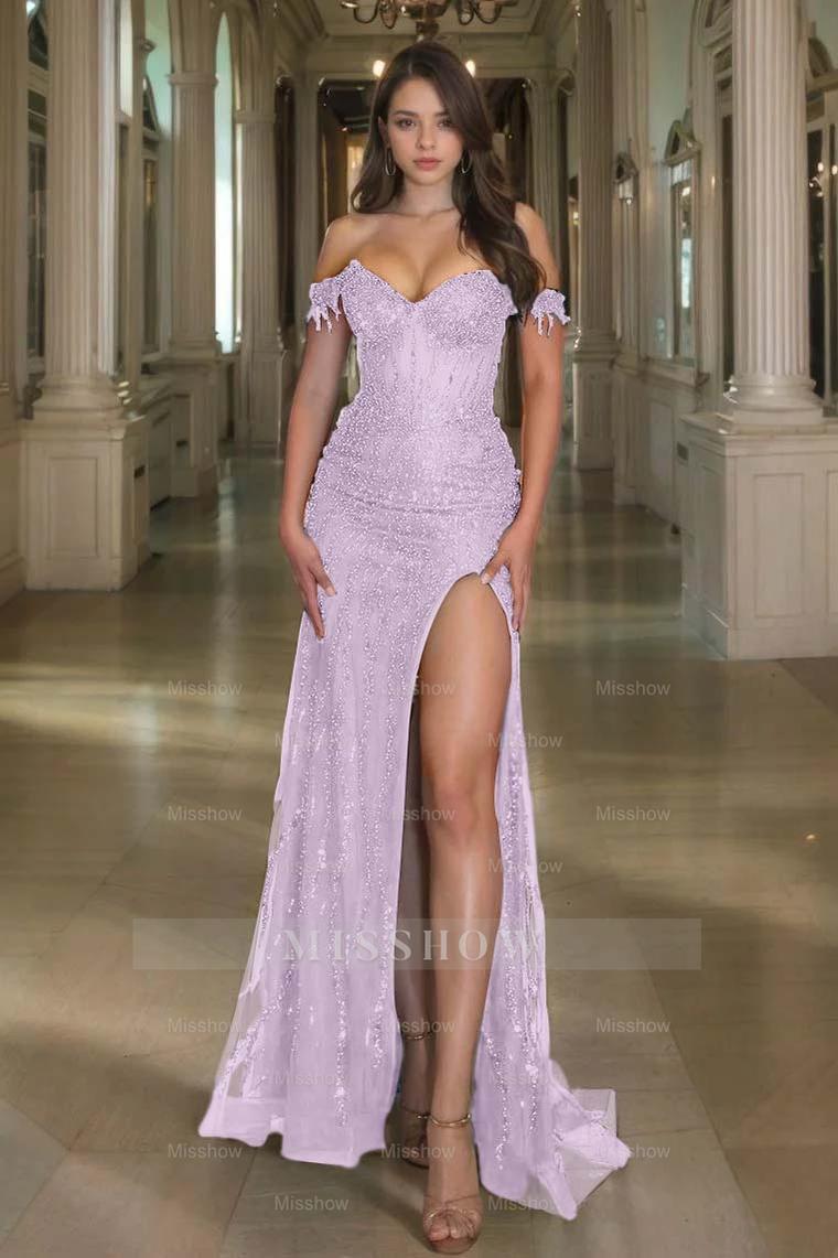 Off the Shoulder Sleeveless Long Split Formal Dress With Sequins