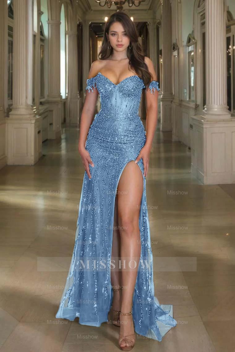 Off the Shoulder Sleeveless Long Split Formal Dress With Sequins