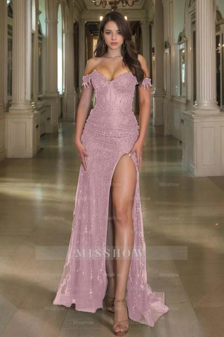 Off the Shoulder Sleeveless Long Split Formal Dress With Sequins