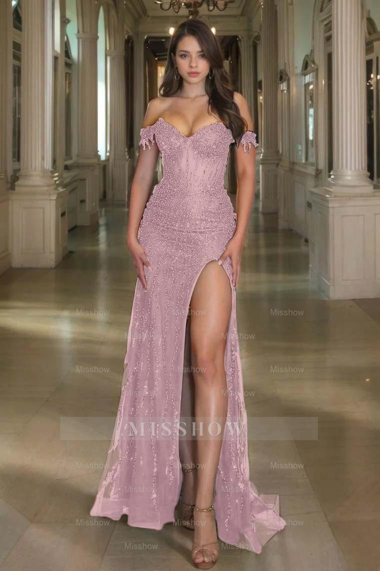 Off the Shoulder Sleeveless Long Split Formal Dress With Sequins
