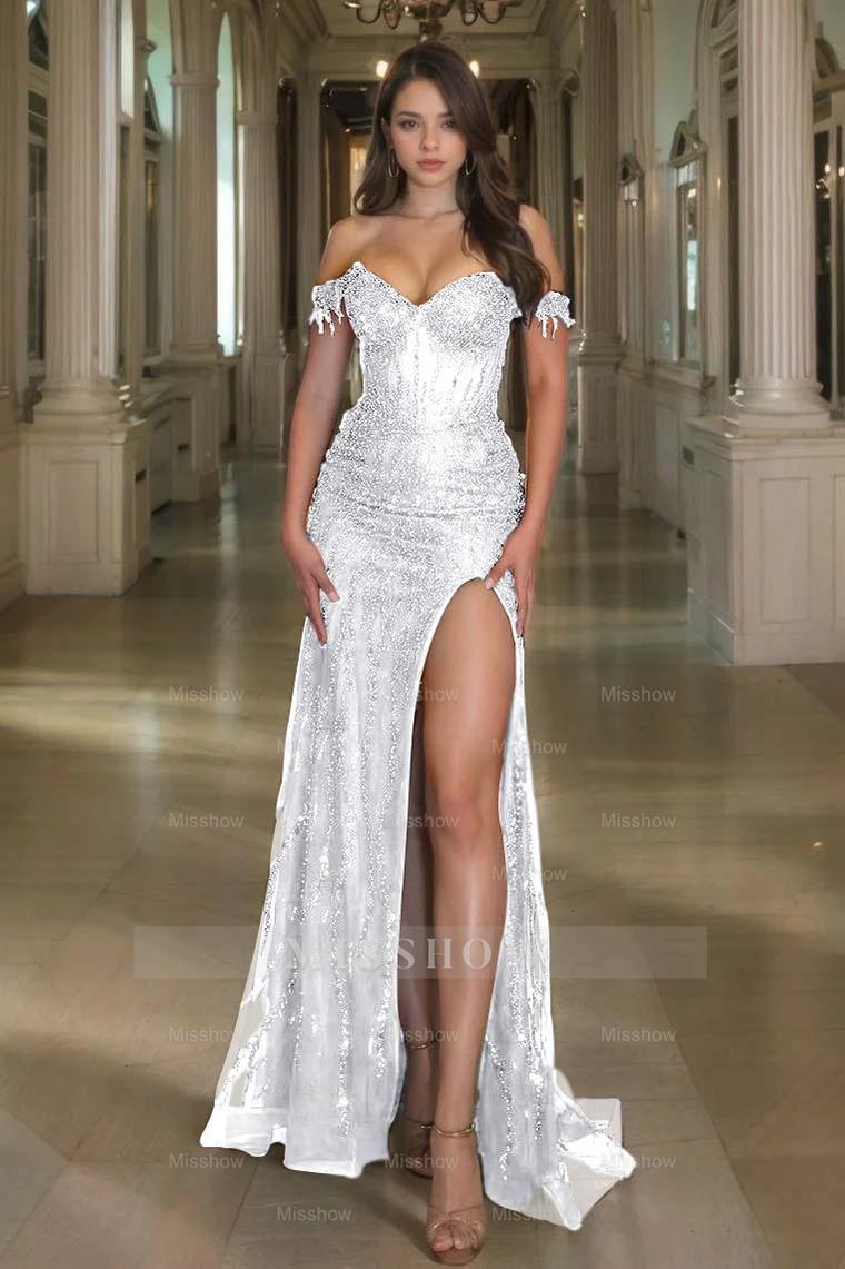 Off the Shoulder Sleeveless Long Split Formal Dress With Sequins
