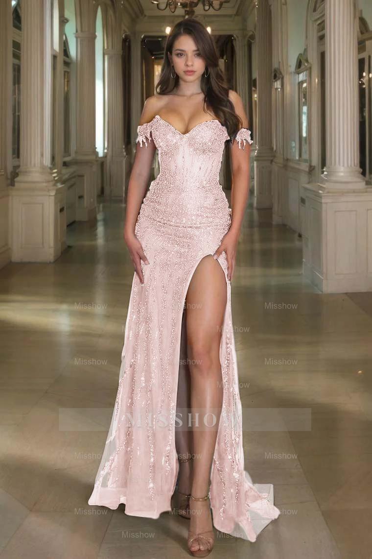 Off the Shoulder Sleeveless Long Split Formal Dress With Sequins