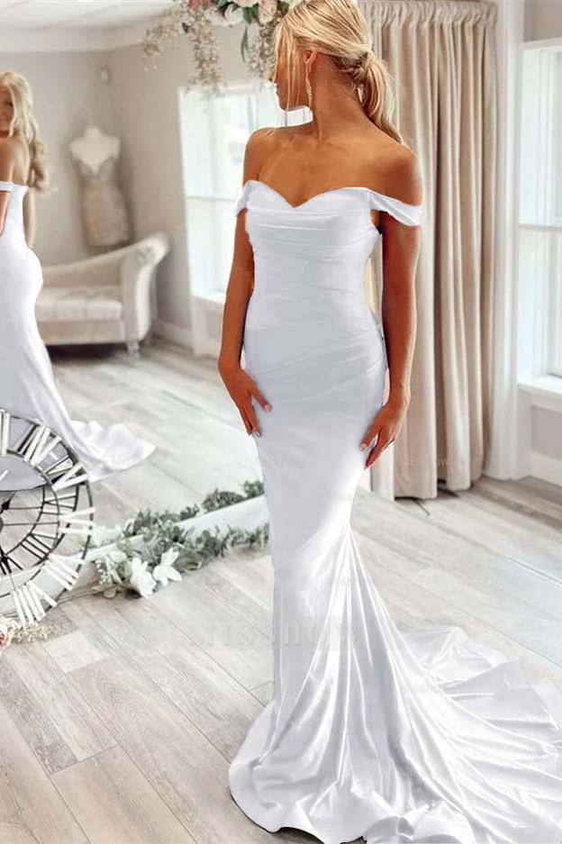 Off the Shoulder Sleeveless Mermaid Long Formal Dress With Pleated