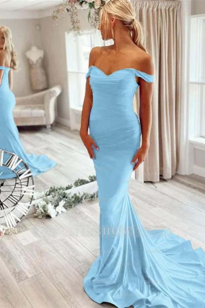 Off the Shoulder Sleeveless Mermaid Long Formal Dress With Pleated
