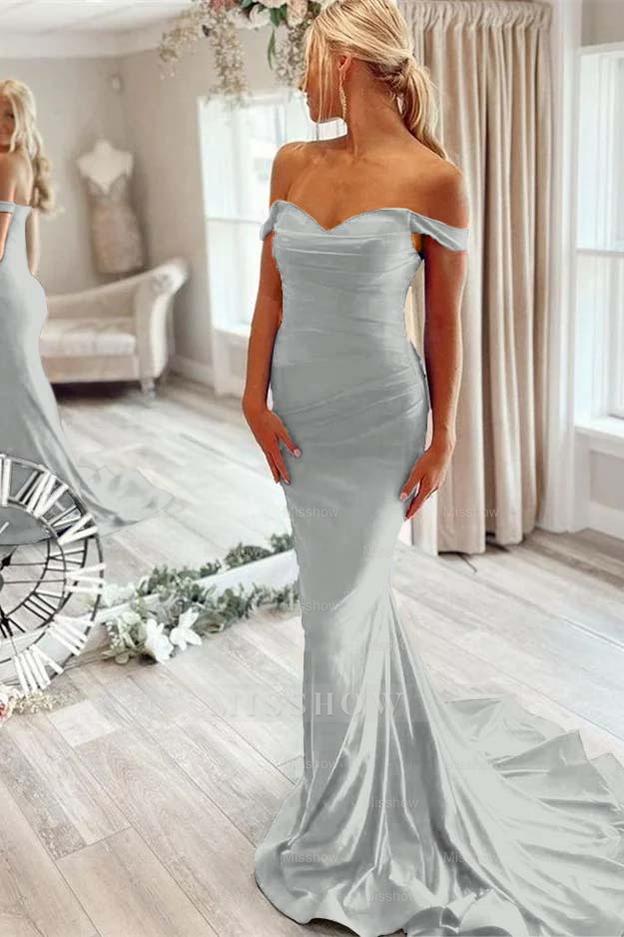 Off the Shoulder Sleeveless Mermaid Long Formal Dress With Pleated