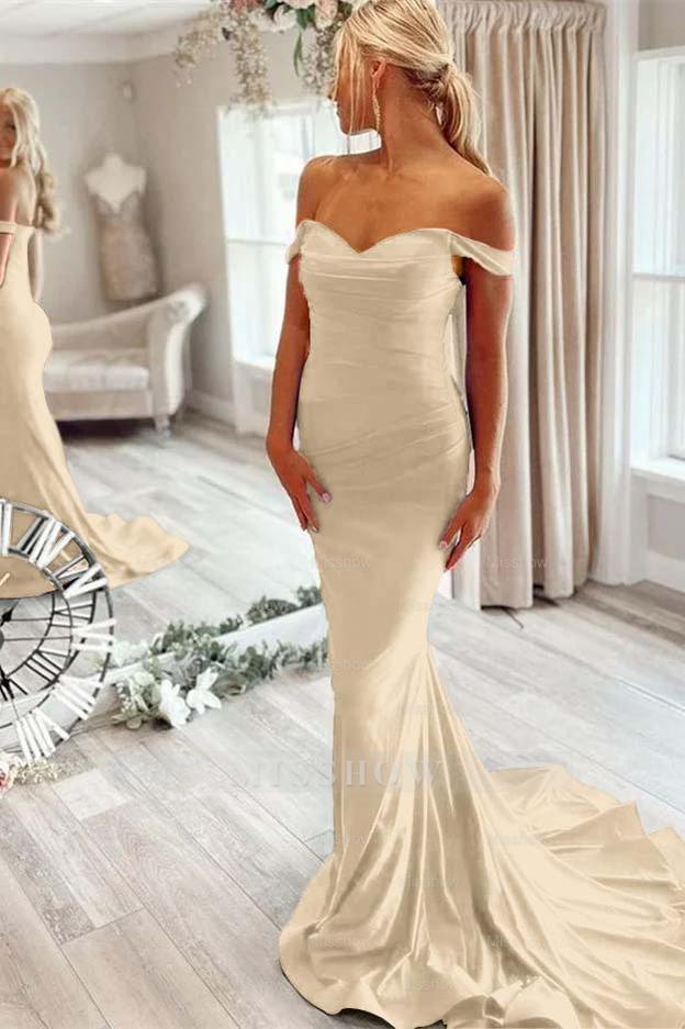 Off the Shoulder Sleeveless Mermaid Long Formal Dress With Pleated