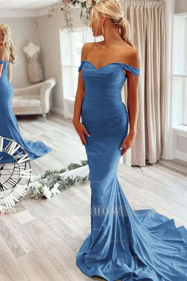 Off the Shoulder Sleeveless Mermaid Long Formal Dress With Pleated