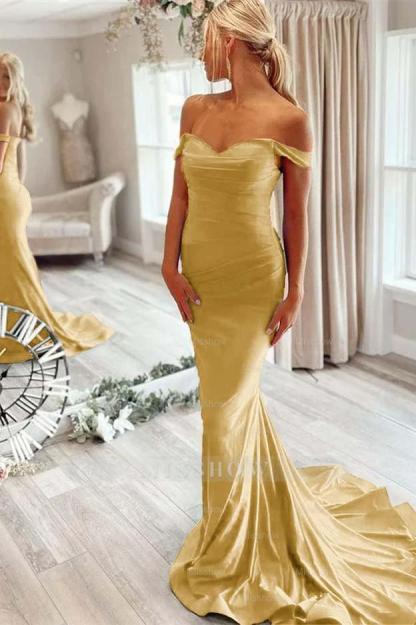 Off the Shoulder Sleeveless Mermaid Long Formal Dress With Pleated