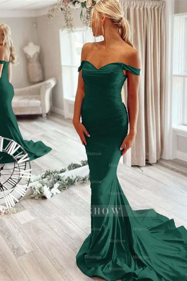 Off the Shoulder Sleeveless Mermaid Long Formal Dress With Pleated