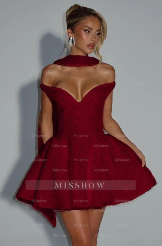 Off the Shoulder Sleeveless Short A Line Formal Dress With Sequin