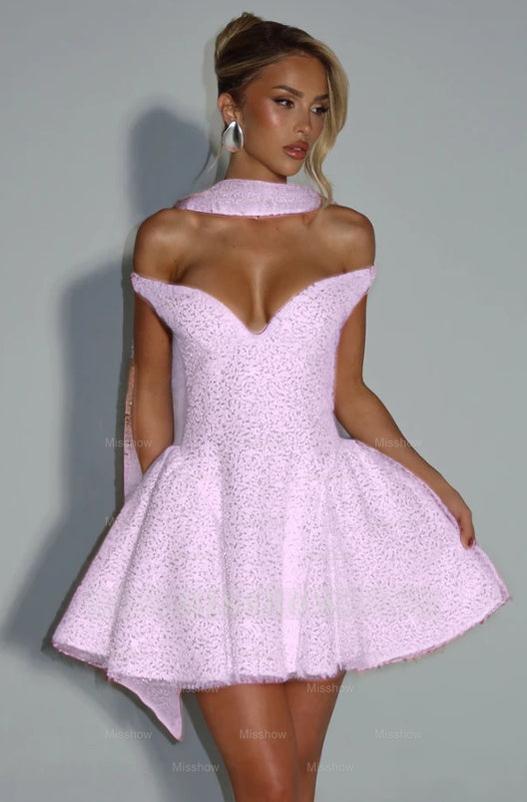 Off the Shoulder Sleeveless Short A Line Formal Dress With Sequin
