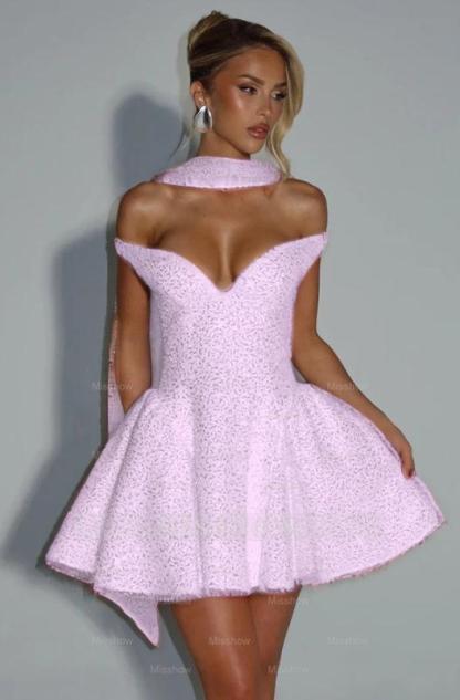 Off the Shoulder Sleeveless Short A Line Formal Dress With Sequin
